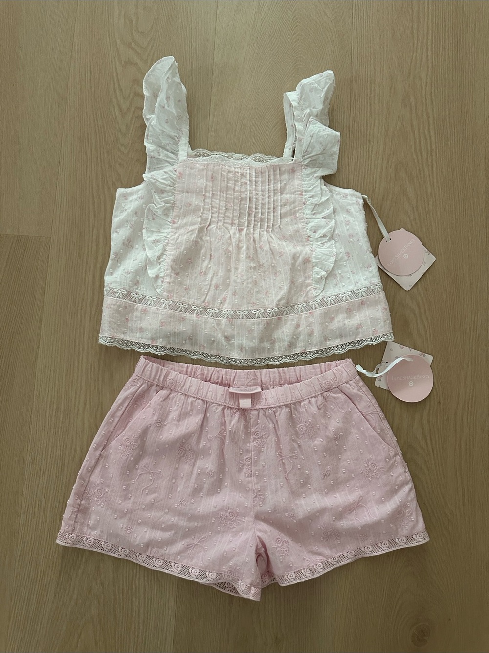 LoveShackFancy Pink Eyelet Ruffle Cami & Shorts Set